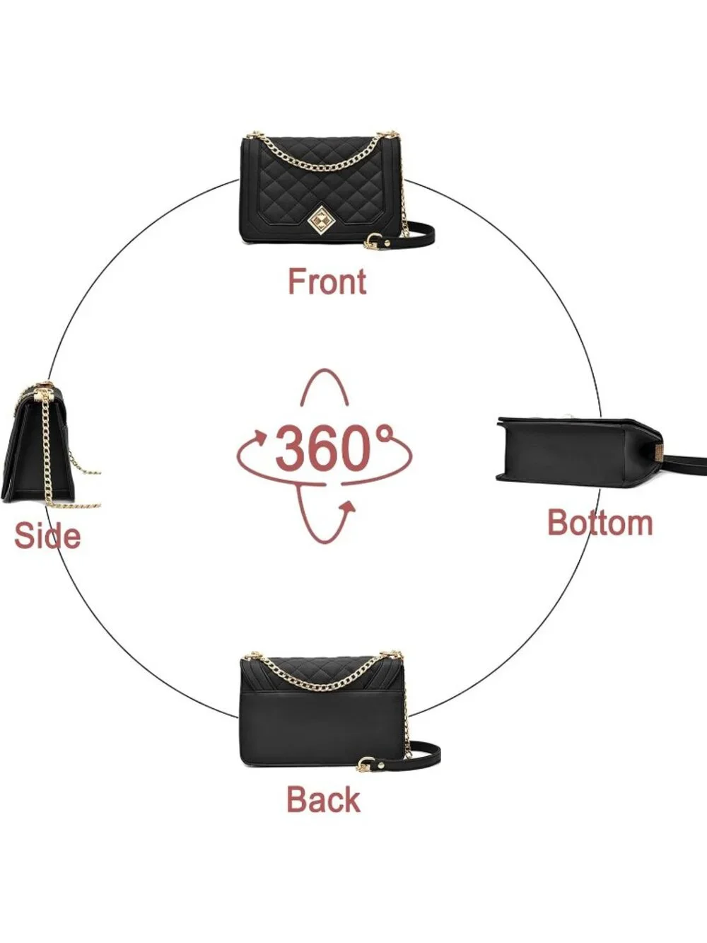 Women's Linge Black Quilted Small Pu Leather Shoulder Purse Chain Crossbody Bag